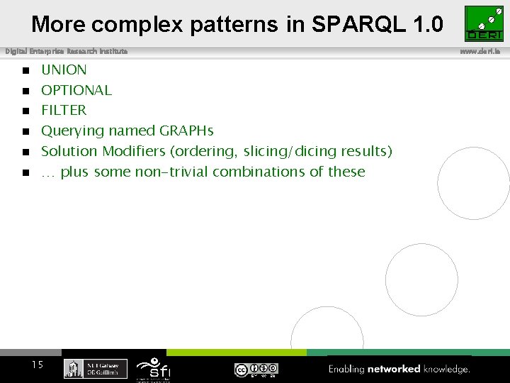 More complex patterns in SPARQL 1. 0 Digital Enterprise Research Institute UNION OPTIONAL FILTER