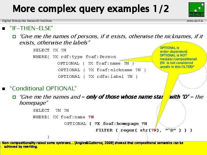 More complex query examples 1/2 Digital Enterprise Research Institute “IF-THEN-ELSE” “Give me the names
