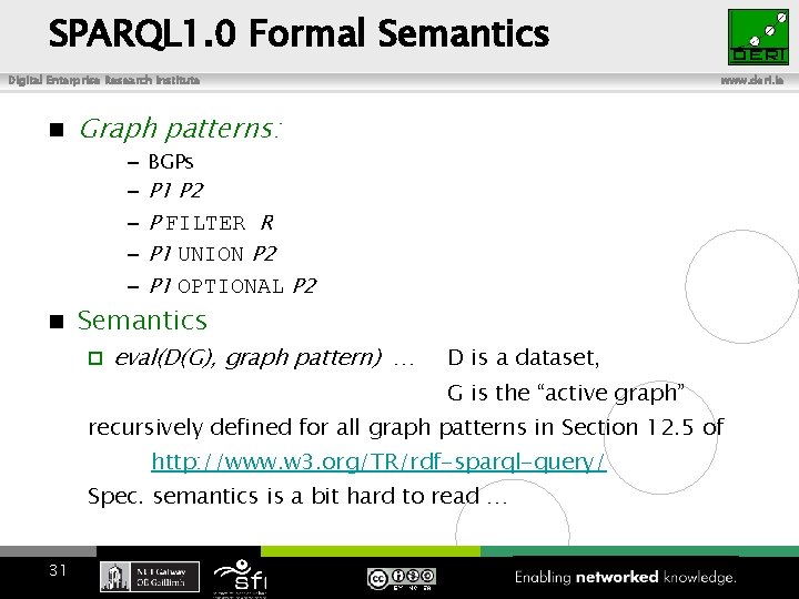 SPARQL 1. 0 Formal Semantics Digital Enterprise Research Institute www. deri. ie Graph patterns: