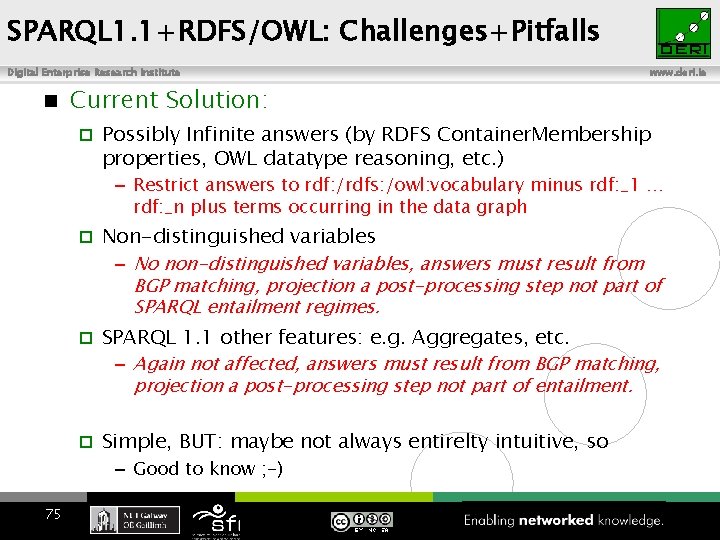 SPARQL 1. 1+RDFS/OWL: Challenges+Pitfalls Digital Enterprise Research Institute www. deri. ie Current Solution: Possibly