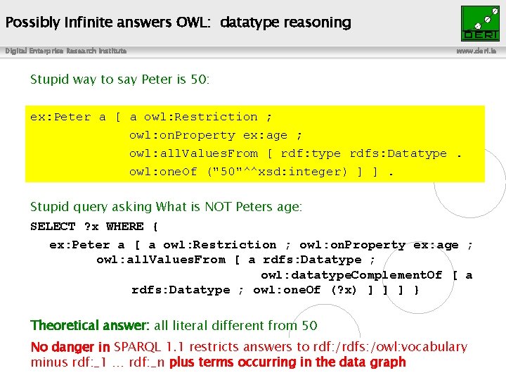 Possibly Infinite answers OWL: datatype reasoning Digital Enterprise Research Institute www. deri. ie Stupid