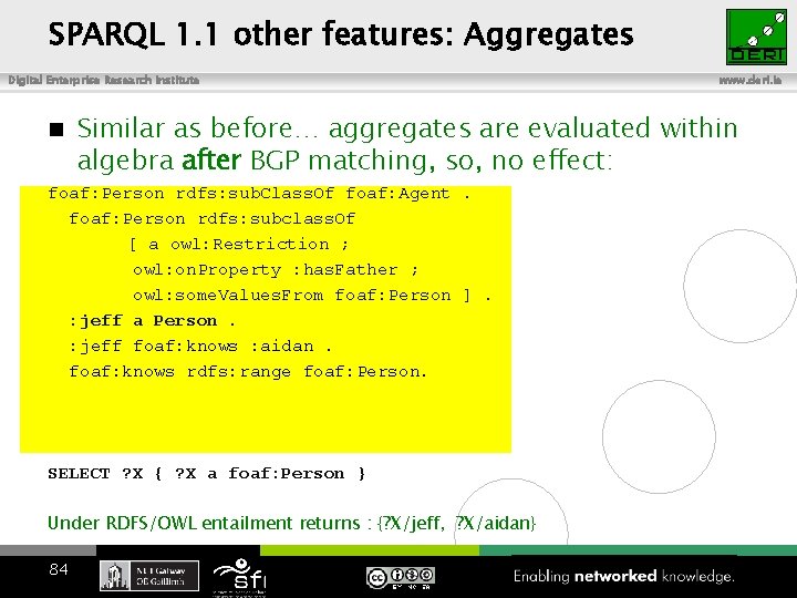 SPARQL 1. 1 other features: Aggregates Digital Enterprise Research Institute Similar as before… aggregates
