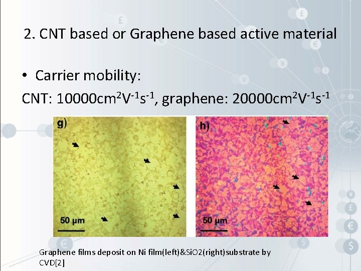 2. CNT based or Graphene based active material • Carrier mobility: CNT: 10000 cm