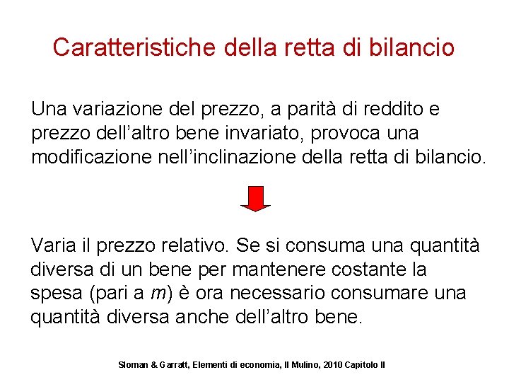 Caratteristiche della retta di bilancio Una variazione del prezzo, a parità di reddito e