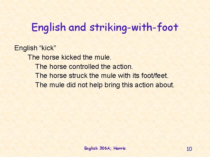 English and striking-with-foot English “kick” The horse kicked the mule. The horse controlled the