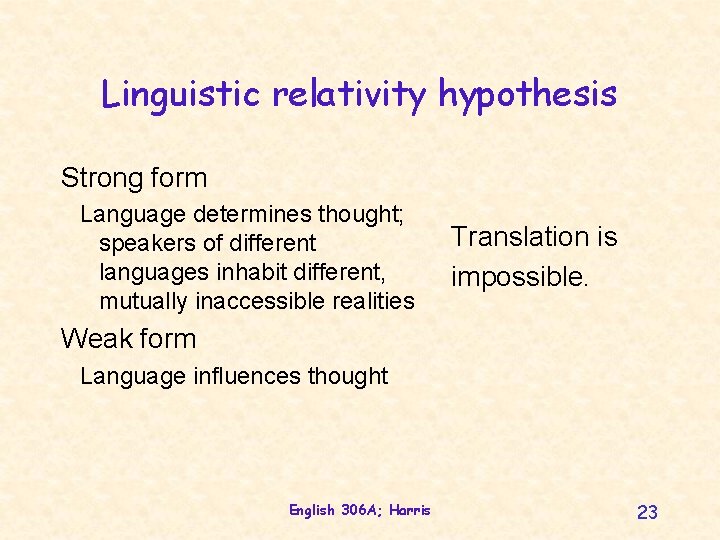 Linguistic relativity hypothesis Strong form Language determines thought; speakers of different languages inhabit different,