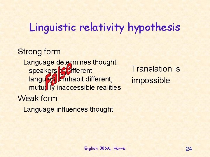 Linguistic relativity hypothesis Strong form Language determines thought; speakers of different languages inhabit different,
