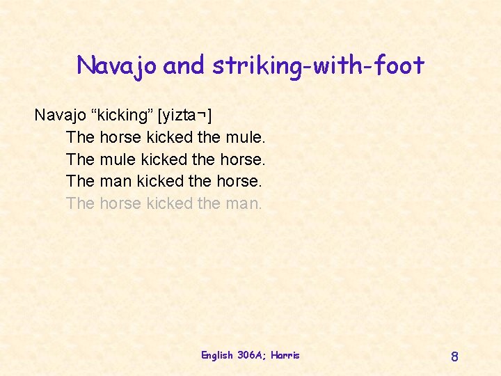 Navajo and striking-with-foot Navajo “kicking” [yizta¬] The horse kicked the mule. The mule kicked
