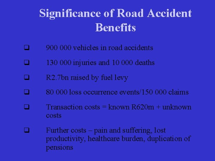 Significance of Road Accident Benefits q 900 000 vehicles in road accidents q 130
