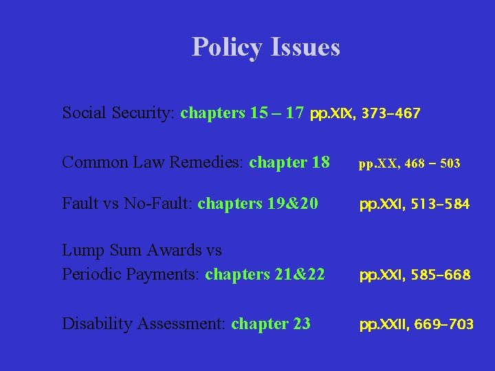 Policy Issues Social Security: chapters 15 – 17 pp. XIX, 373 -467 Common Law