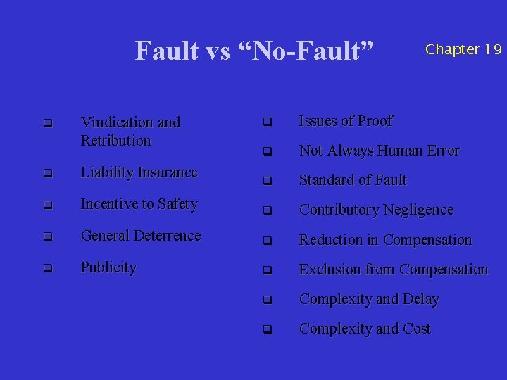 Fault vs “No-Fault” q Vindication and Retribution Chapter 19 q Issues of Proof q