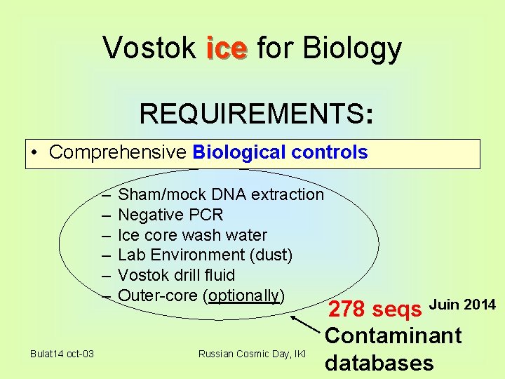 Vostok ice for Biology REQUIREMENTS: • Comprehensive Biological controls – – – Bulat 14