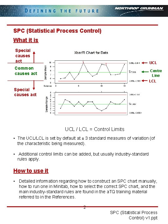 SPC (Statistical Process Control) What it is Special causes act UCL Common causes act