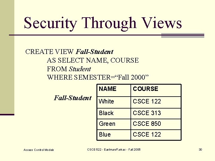 Security Through Views CREATE VIEW Fall-Student AS SELECT NAME, COURSE FROM Student WHERE SEMESTER=“Fall