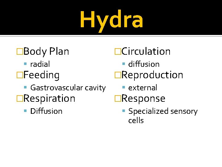 Hydra �Circulation �Body Plan diffusion radial �Reproduction �Feeding external Gastrovascular cavity �Response �Respiration Specialized