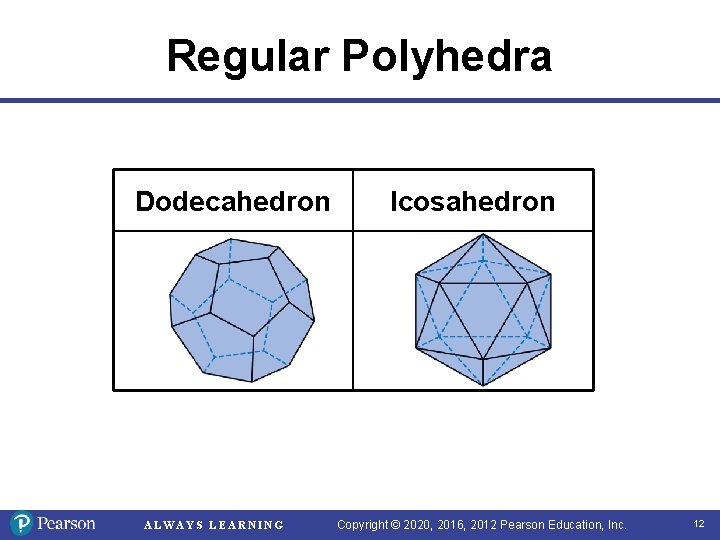 Regular Polyhedra Dodecahedron ALWAYS LEARNING Icosahedron Copyright © 2020, 2016, 2012 Pearson Education, Inc.