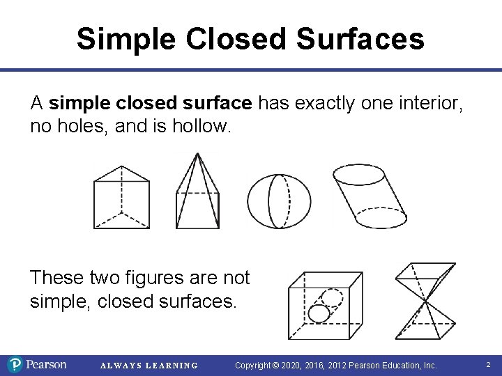 Simple Closed Surfaces A simple closed surface has exactly one interior, no holes, and
