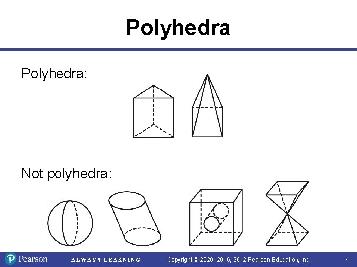 Polyhedra: Not polyhedra: ALWAYS LEARNING Copyright © 2020, 2016, 2012 Pearson Education, Inc. 4
