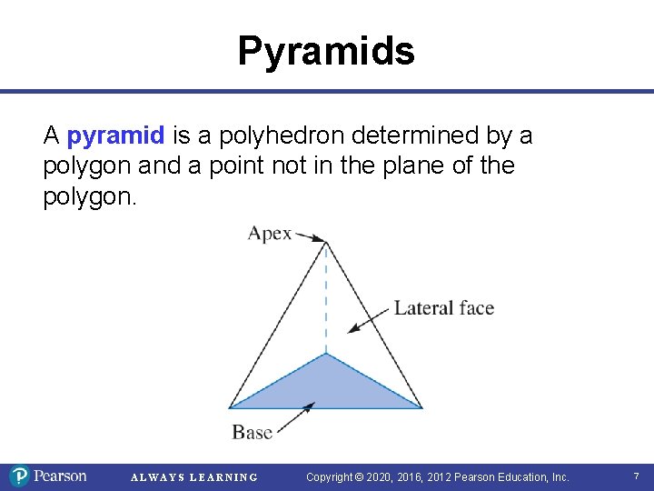Pyramids A pyramid is a polyhedron determined by a polygon and a point not
