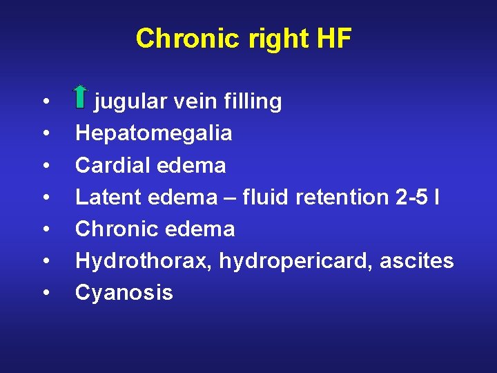 Chronic right HF • • jugular vein filling Hepatomegalia Cardial edema Latent edema –