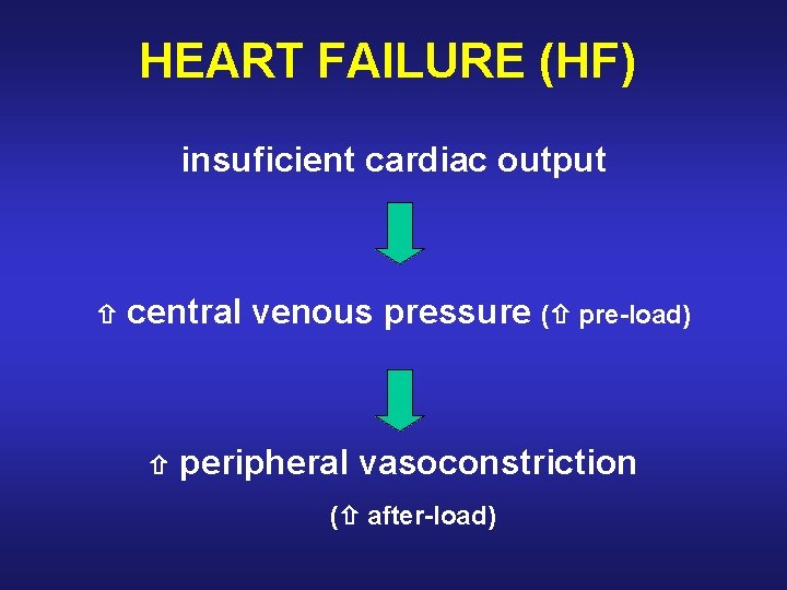 HEART FAILURE (HF) insuficient cardiac output central venous pressure ( pre-load) peripheral vasoconstriction (