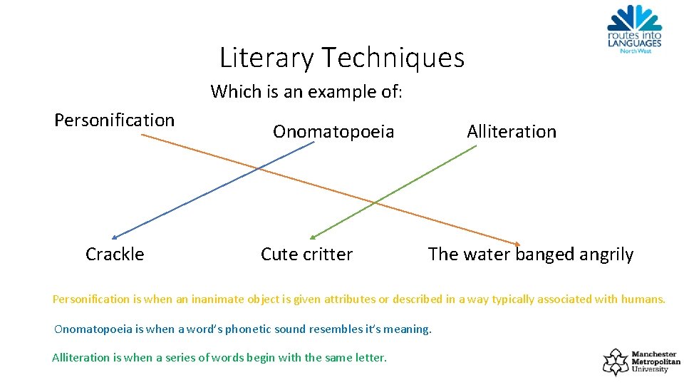 Literary Techniques Which is an example of: Personification Crackle Onomatopoeia Cute critter Alliteration The