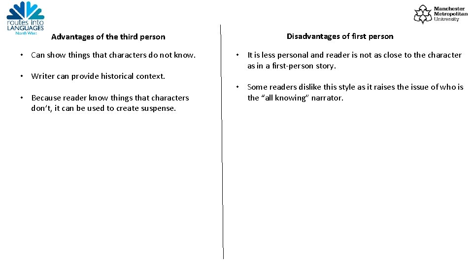 Advantages of the third person • Can show things that characters do not know.
