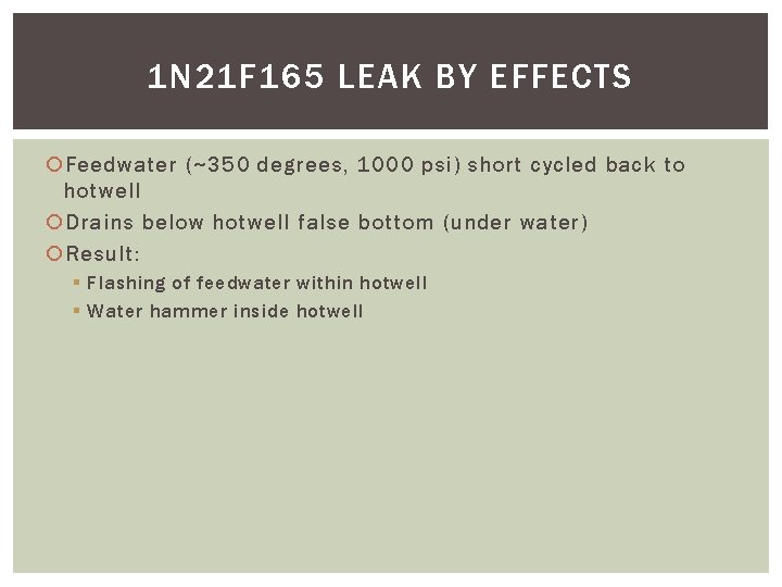 1 N 21 F 165 LEAK BY EFFECTS Feedwater (~350 degrees, 1000 psi) short