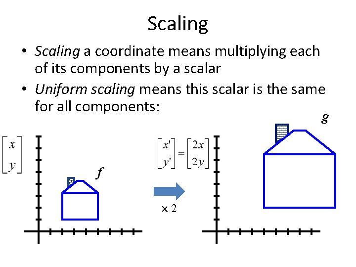 Scaling • Scaling a coordinate means multiplying each of its components by a scalar Scaling • Scaling a coordinate means multiplying each of its components by a scalar