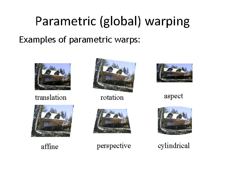 Parametric (global) warping Examples of parametric warps: translation rotation aspect affine perspective cylindrical Parametric (global) warping Examples of parametric warps: translation rotation aspect affine perspective cylindrical