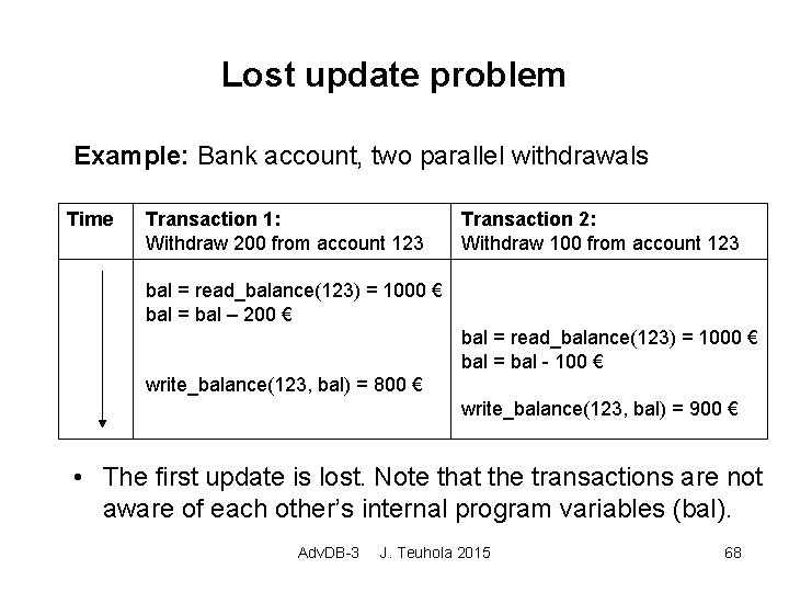 Lost update problem Example: Bank account, two parallel withdrawals Time Transaction 1: Withdraw 200