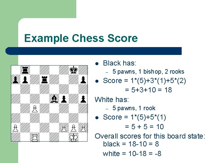 Example Chess Score l Black has: – 5 pawns, 1 bishop, 2 rooks Score