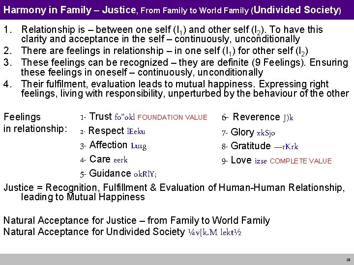 Harmony in Family – Justice, From Family to World Family (Undivided Society) 1. Relationship