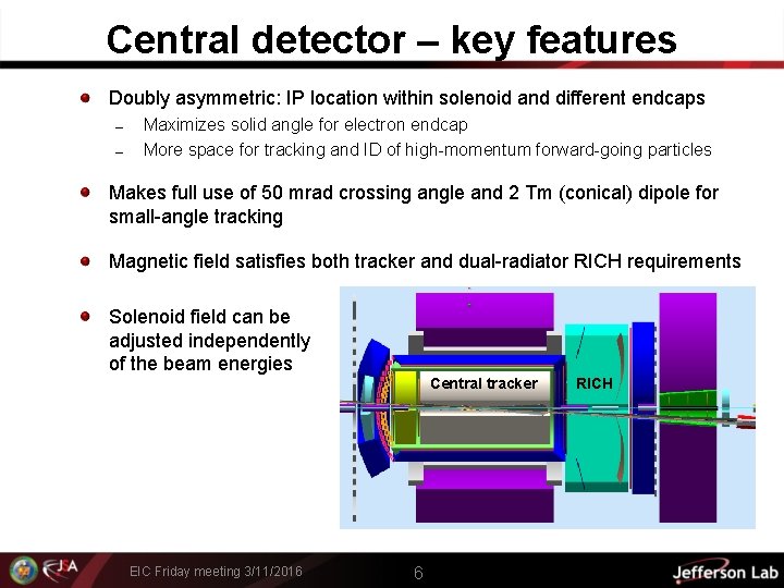 Central detector – key features Doubly asymmetric: IP location within solenoid and different endcaps