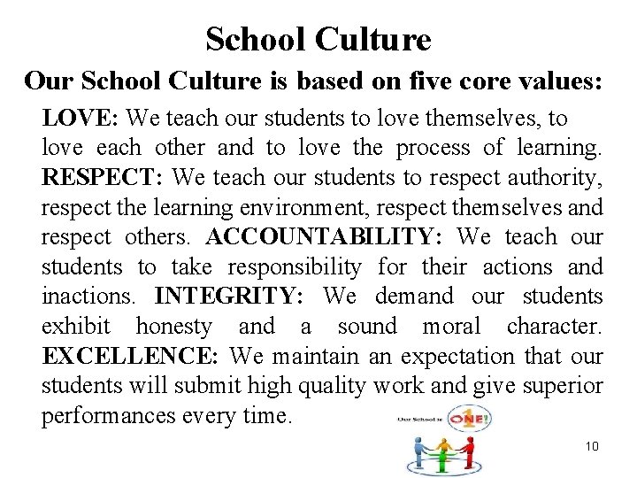 School Culture Our School Culture is based on five core values: LOVE: We teach