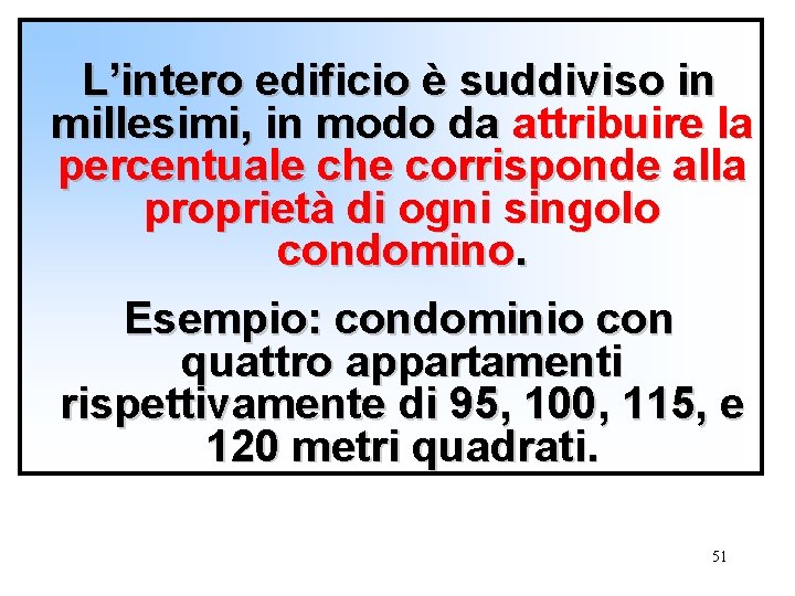 L’intero edificio è suddiviso in millesimi, in modo da attribuire la percentuale che corrisponde