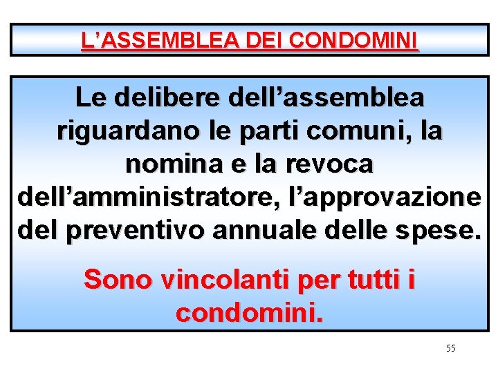 L’ASSEMBLEA DEI CONDOMINI Le delibere dell’assemblea riguardano le parti comuni, la nomina e la