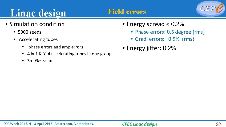 Linac design Field errors • Simulation condition • 5000 seeds • Accelerating tubes •