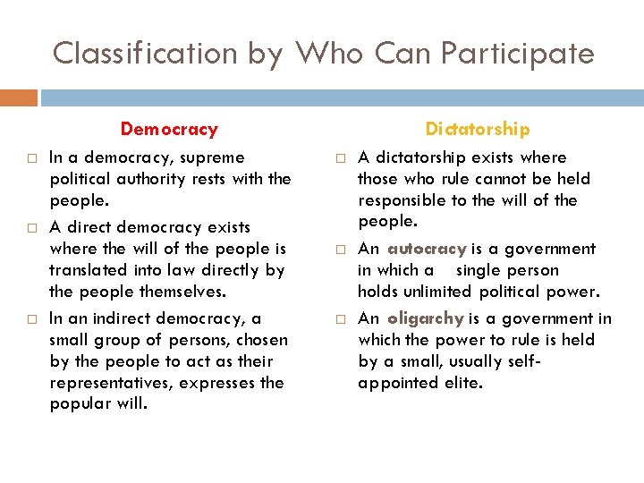 Classification by Who Can Participate Democracy In a democracy, supreme political authority rests with