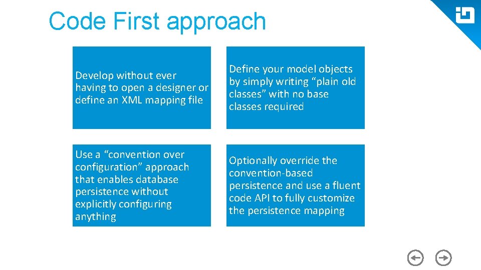 Code First approach Develop without ever having to open a designer or define an Code First approach Develop without ever having to open a designer or define an