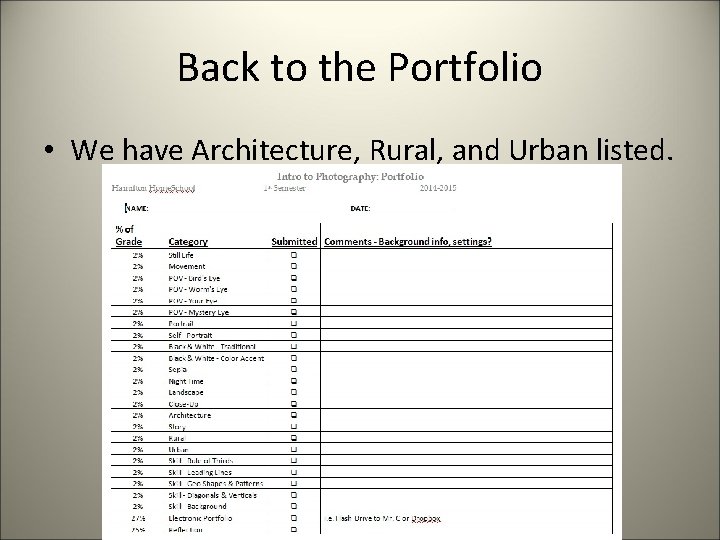 Back to the Portfolio • We have Architecture, Rural, and Urban listed. 