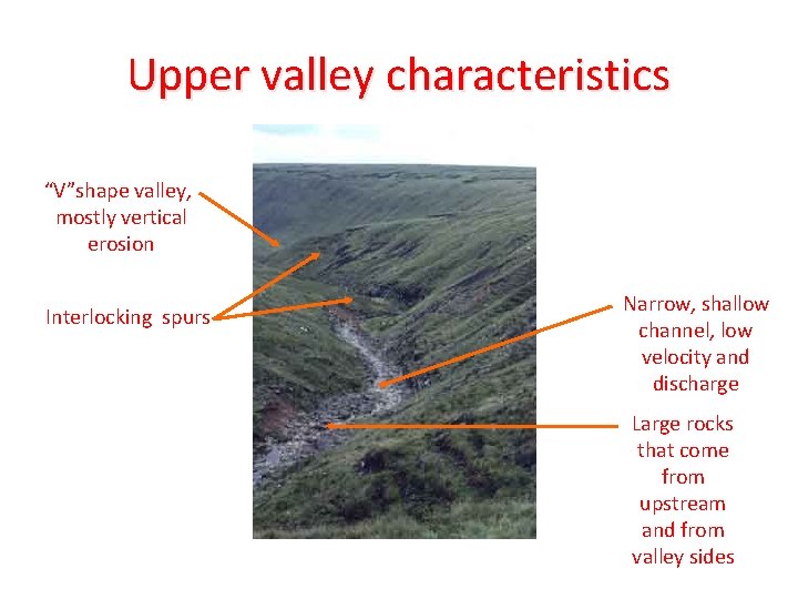 Upper valley characteristics “V”shape valley, mostly vertical erosion Interlocking spurs Narrow, shallow channel, low