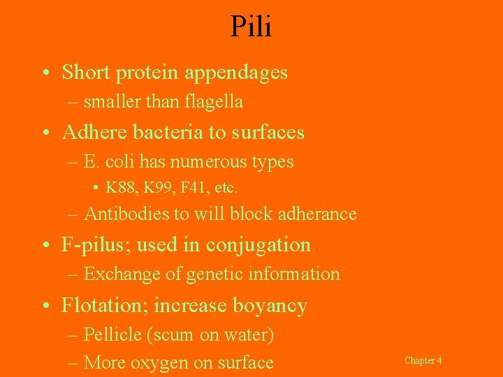 Pili • Short protein appendages – smaller than flagella • Adhere bacteria to surfaces