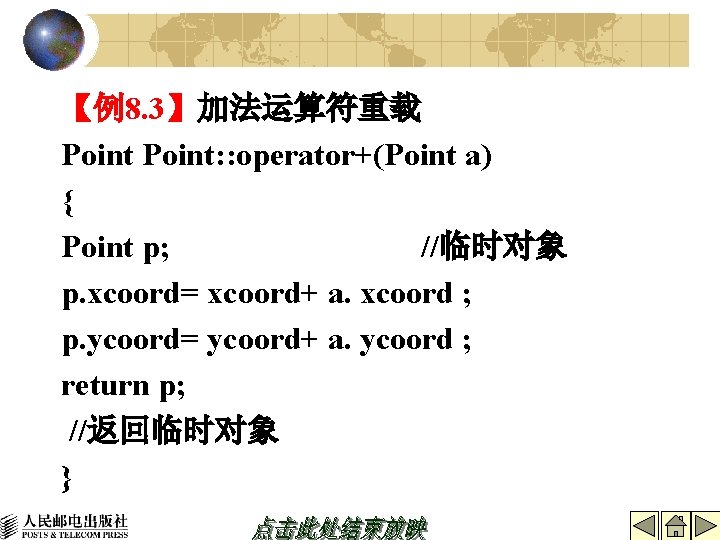 【例8. 3】加法运算符重载 Point: : operator+(Point a) { Point p; //临时对象 p. xcoord= xcoord+ a.