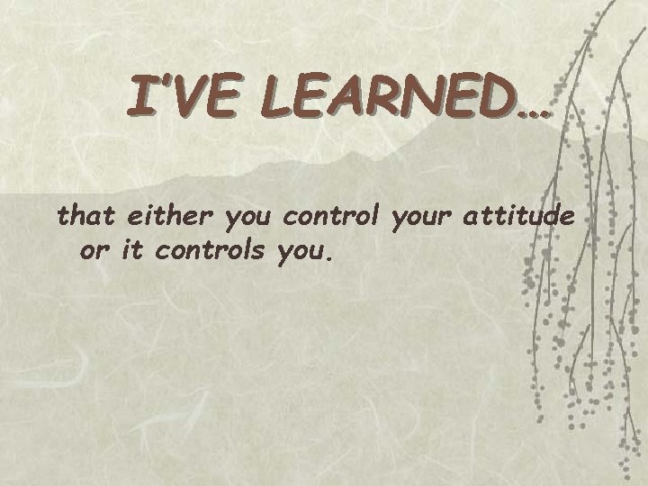 I’VE LEARNED… that either you control your attitude or it controls you. 