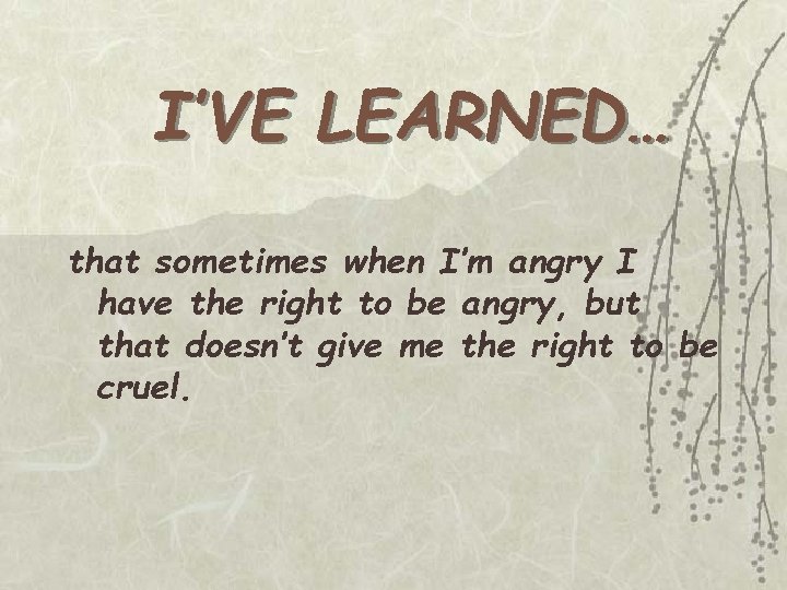 I’VE LEARNED… that sometimes when I’m angry I have the right to be angry,