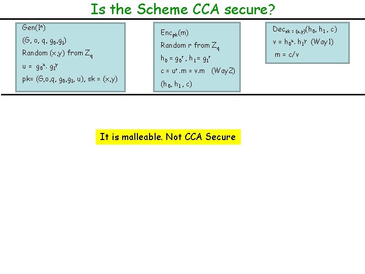 Is the Scheme CCA secure? Gen(1 n) Encpk(m) (G, o, q, g 0, g