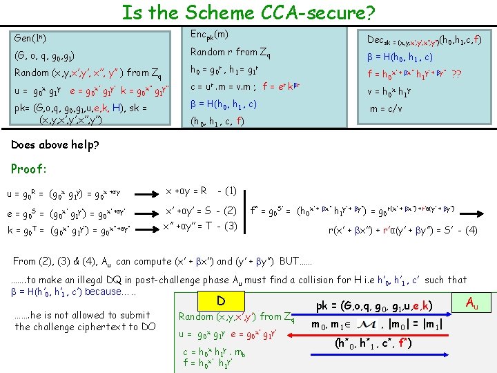 Is the Scheme CCA-secure? Gen(1 n) Encpk(m) (G, o, q, g 0, g 1)