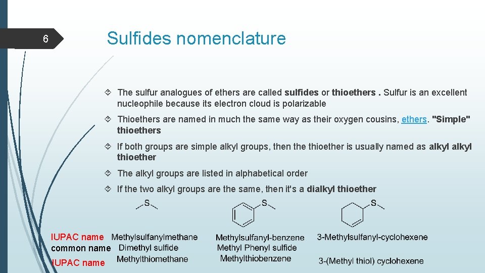 Sulfides nomenclature 6 The sulfur analogues of ethers are called sulfides or thioethers. Sulfur