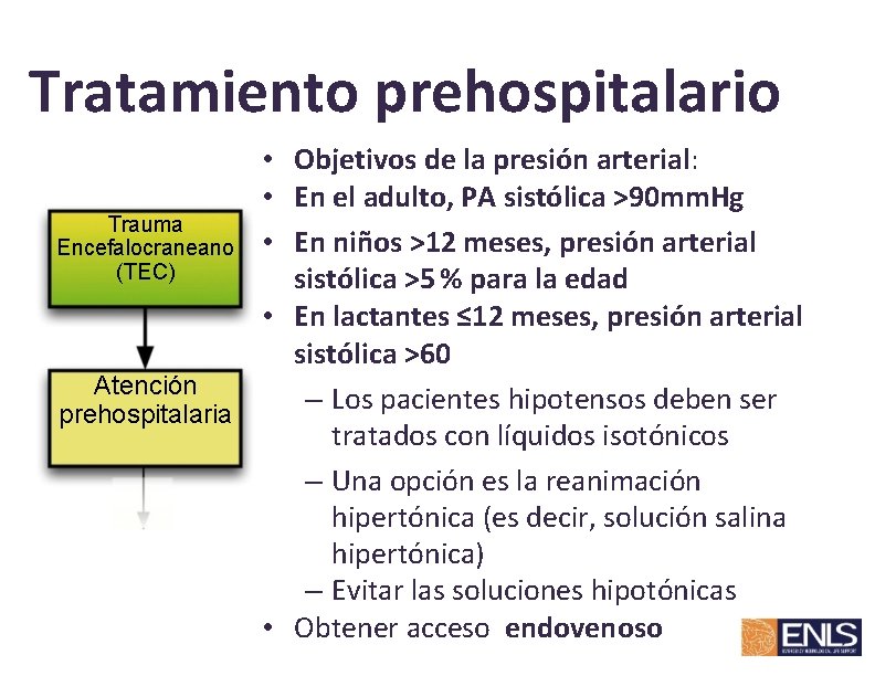 Tratamiento prehospitalario • Objetivos de la presión arterial: • En el adulto, PA sistólica